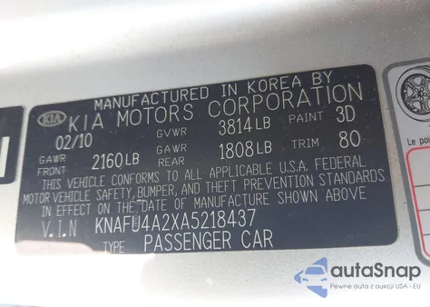 2010 Kia Forte Ex z USA, uszkodzony, nr VIN KNAFU4A2XA5218437